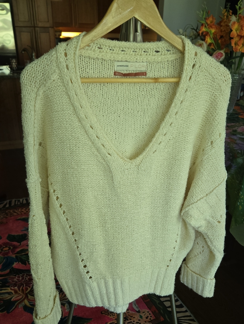 Pilcro Cream Open-Stitch V-Neck Sweater